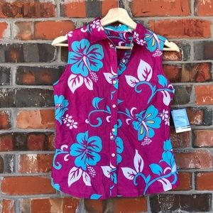 IZOD Floral Tank Top Button Up S Pink Blue Shirt